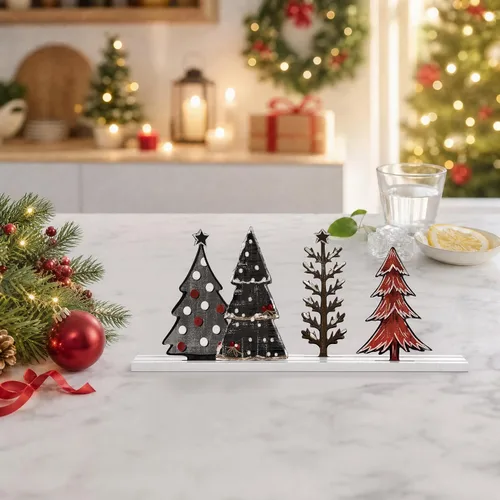 Vista 3 de Decoración de mesa de Navidad con sonrisa, centros de mesa de pie, 4 piezas de señales de árboles de Navidad en madera, decoración para estante.