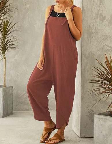 Vista 2 de COWOKA Overol casual ajustable de algodón con pechera para mujer, con bolsillos