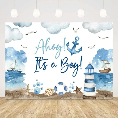 Vista 7 de Ticuenicoa Telón de fondo náutico para baby shower, 5 x 3 pies, nubes azules y blancas, diseño de barco faro para revelación de género, cabina