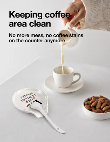 Vista 3 de WHING - Divertido soporte de cuchara de té de cerámica blanca para café, todo sabe mejor con pelo de perro, decoración de estación de café