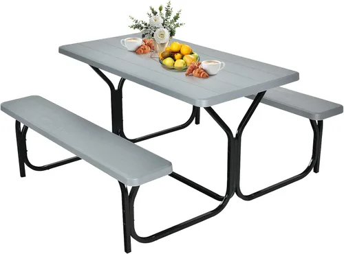 Vista 10 de GYMAX Mesa de Picnic, Banco de Picnic Fácil de Montar con Tablero de Grano de Madera Resistente a Cualquier Clima y Marco de Metal, Mesas de Picnic