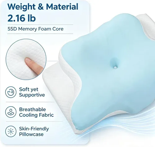 Vista 6 de Almohada cervical de espuma viscoelástica con contorno de mariposa, almohada ortopédica de apoyo para el cuello para dormir de lado y de espalda