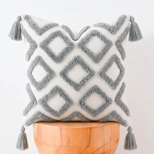 Vista 4 de PANOD - Juego de 2 fundas de cojín decorativas de estilo granja, súper suaves, con patrón de diamante sólido, con penachos y borlas, modernas Gris