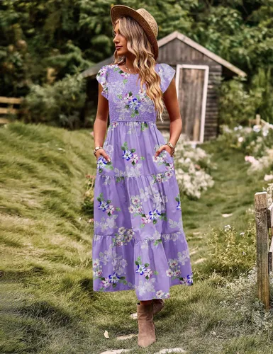 Vista 3 de YESNO Vestidos de verano para mujer, con volantes, manga casquillo, vestido casual bohemio con corpiño fruncido con bolsillos, E05