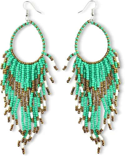 Vista 6 de Western Earring Bundle for Women: Boho Turquoise Patina Tassels & Handmade Colorful Bead Dangles for Concerts & Festivals