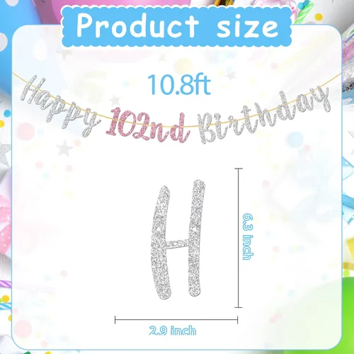 Vista 2 de Cartel de feliz cumpleaños número 102, pancarta para mujeres de 102 años, regalos de cumpleaños 102, decoraciones de guirnalda de fiesta de saludos