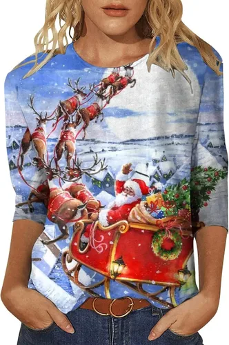 Vista 5 de Camisa casual de verano de manga 34 para mujer, diseño de pintura de paisaje, camiseta de manga tres cuartos de galón con cuello redondo