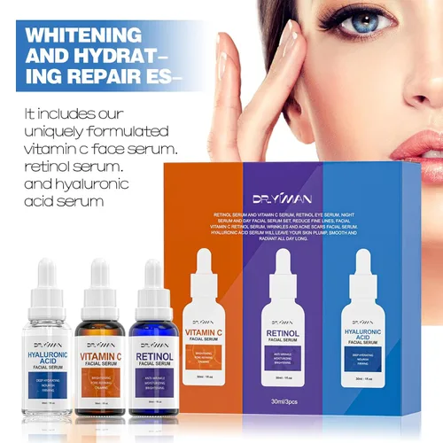 Vista 2 de Juego de suero facial antienvejecimiento, vitamina C, retinol y ácido hialurónico para la luminosidad y la humedad de la piel, 1 onza líquida