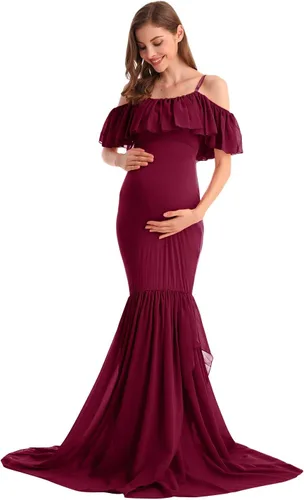 Vista 21 de MYRISAM Vestido de maternidad con volantes y hombros descubiertos para mujer, vestido de fiesta de sirena de gasa, vestido ajustado