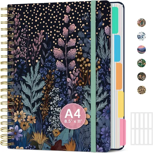 Vista 10 de Cuadernos grandes con forro en espiral para el trabajo con divisores y pestañas extraíbles, 8.5 x 11 pulgadas, bonito cuaderno de tapa dura de 5