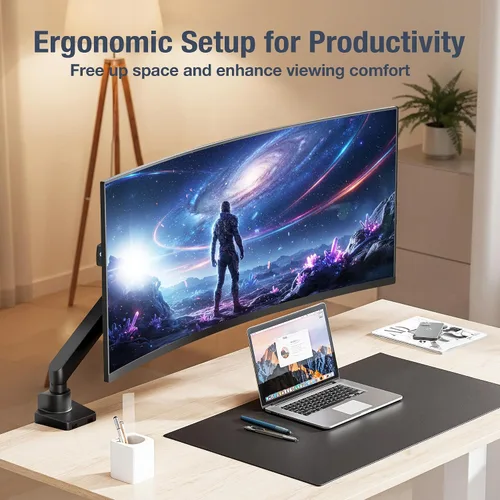 Vista 4 de AVLT Soporte de escritorio con brazo de monitor individual de 13 a 32 pulgadas, se adapta a un monitor plano, curvo/ultraancho, altura de movimiento