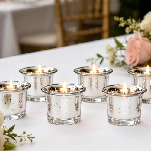 Vista 4 de Hosley Juego de 6 portavelas de cristal con acabado metálico/antiguo. Regalo ideal para bodas, fiestas de novia, reiki, LED, velas votivas, jardines