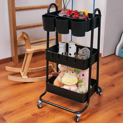 Vista 6 de Carrito utilitario de metal de 3 niveles, carritos de almacenamiento con asa y ruedas con cerradura, organizador de carrito de arte, carrito