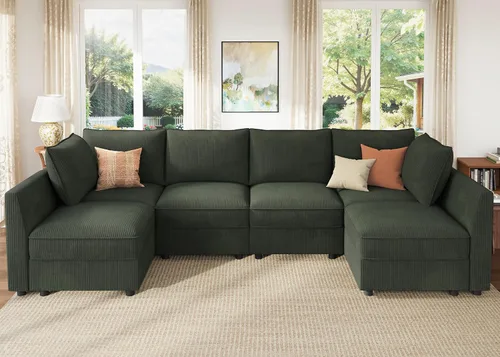 Vista 31 de HONBAY Sofá seccional modular con almacenamiento en forma de L sofá seccional, sofás convertibles para sala de estar - verde