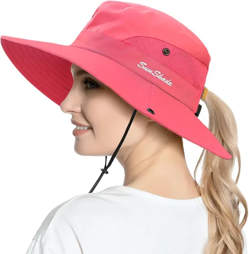 Vista 8 de Sombrero de cola de caballo para mujer, protección UV, ala ancha, plegable, para verano, playa, pesca, sombreros