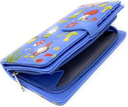 Vista 4 de Shag Wear Cartera grande con diseño de hongos del bosque de gnomos para mujeres y adolescentes, piel sintética vegana, color azul, 7 pulgadas, Azul