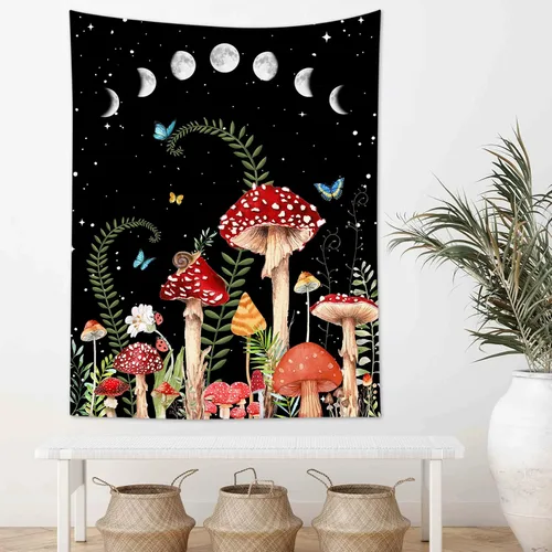 Vista 2 de HVEST Tapiz de hongos para colgar en la pared, tapiz bohemio de plantas y mariposas, noche con fase lunar y estrella, decoración de pared