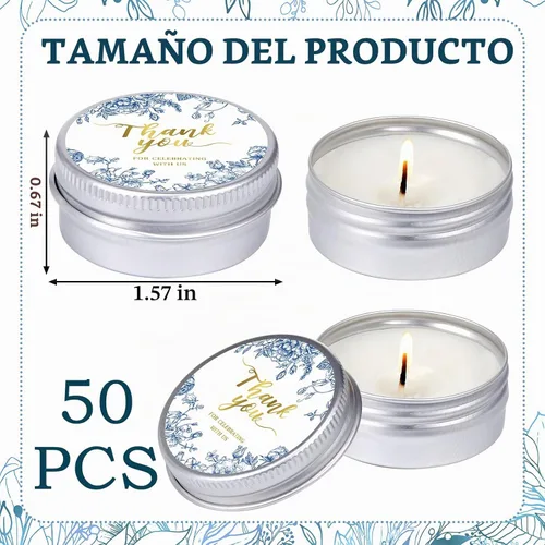 Vista 6 de MTLEE 50 piezas de velas de boda azules florales, regalos de favores para invitados, 1 oz de cera de soja con aroma a lavanda, velas aromáticas