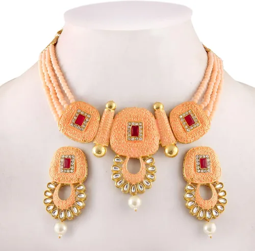 Vista 4 de JewarHaat Bollywood - Juego de collar con cuentas de cristal de ónix chapado en oro tono dorado con aretes joyería para mujeres y niñas hecho a mano