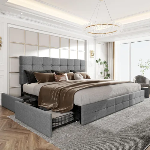 Vista 23 de HOOMIC Base de cama de almacenamiento de plataforma de tamaño matrimonial con 4 cajones y cabecera ajustable, listones de madera, no necesita Blanco