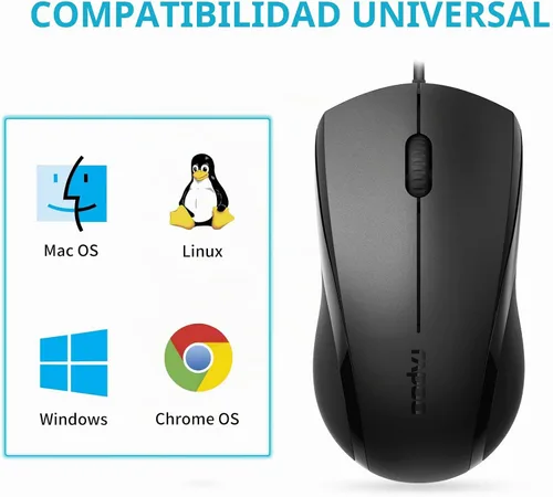 Vista 4 de Rapoo Ratón Silencioso con Cable, 1000 DPI, Cable de 1.5m, Botón Óptico Silencioso para Computadora, Uso para Mano Izquierda y Derecha, para Laptop