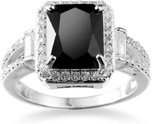 Vista 2 de Anillo de compromiso de boda de plata de ley 925 con ónix negro, talla 6-10 para mujer