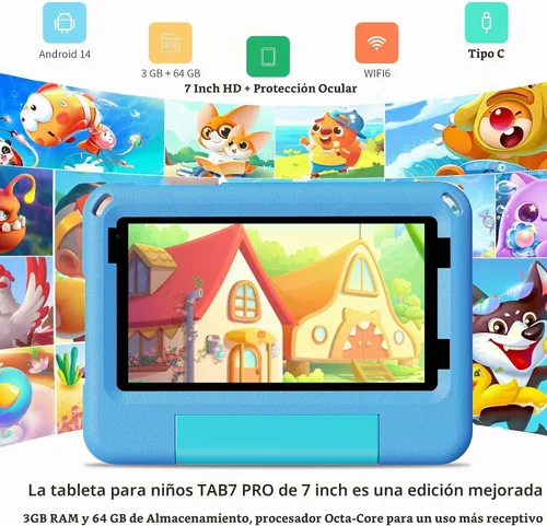 Vista 2 de PRITOM Tabletas TAB7 PRO para niños de 7 pulgadas, 64 GB, 3 GB de RAM actualizadas, tableta para niños pequeños Android 14 con WiFi, cámara dual Azul