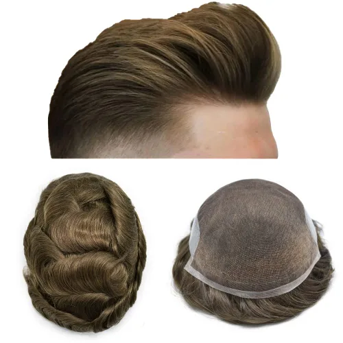 Vista 58 de Tupé para hombre con encaje suizo para hombre, sistema de reemplazo de cabello humano real, extensiones de nudo blanqueado para prótesis de cabello