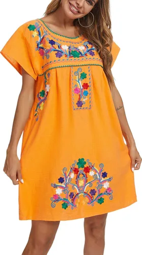 Vista 5 de YZXDORWJ - Vestido mexicano bordado de manga corta para mujer