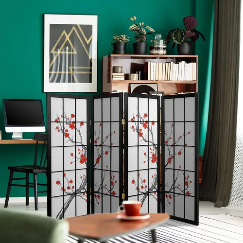 Vista 3 de Pantalla Shoji corta de 4 pies con diseño de flor de cerezo - Palisandro - 4 paneles Rosewood