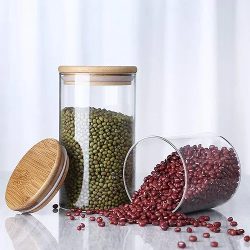 Vista 4 de Tarro de almacenamiento de vidrio con sello hermético de madera, tapa, 25 onzas, juego de 2, 25.4 fl oz de café en grano y recipiente de alimentos