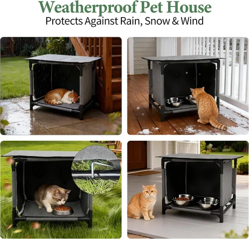 Vista 6 de Casa impermeable para gatos para estación de alimentación de gatos al aire libre, resistente a la intemperie, para gatos callejeros, gatos salvajes