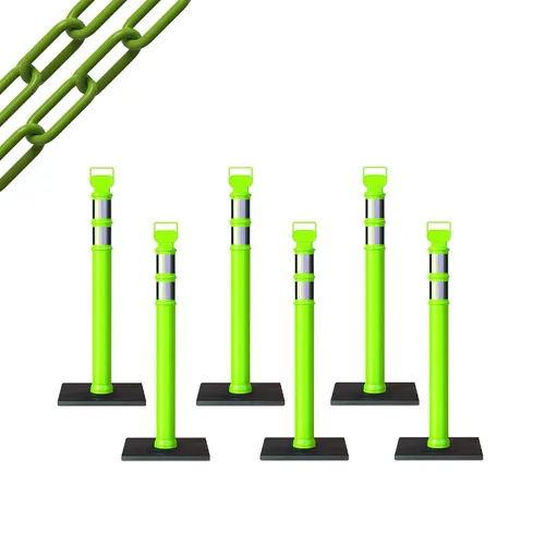 Vista 46 de CCW 6-Pack 45" Delineador Post Kit Kit de 3.0 in collares reflectantes, base de goma de 10 lb (6 postes blancos con cadena negra de 50 pies)
