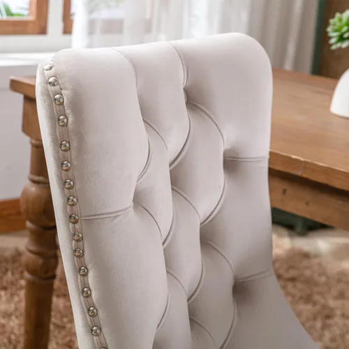 Vista 8 de Juego de 2 sillas de comedor con respaldo de ala de terciopelo copetudo, sillas laterales tapizadas, patas de madera maciza (beige)