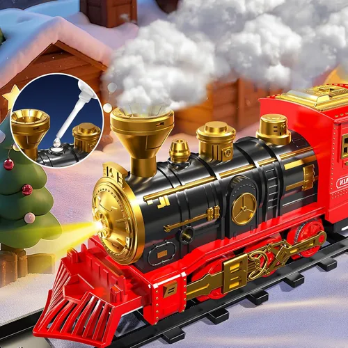 Vista 5 de Juego de tren para niños de 3-5 4-7, juego de juguetes clásicos de tren eléctrico con motor de locomotora, luces y sonido con vapor, rieles