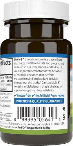 Vista 3 de Carlson Moly-B, apoyo para el metabolismo, 100 tabletas vegetarianas Suplementos quelados de molibdeno; Activación enzimática; Quelato