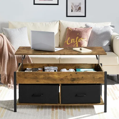 Vista 4 de Yaheetech Mesa auxiliar elevable con almacenamiento y 2 cestas de tela, mesa de centro de madera de 41.5 pulgadas para sala de estar y oficina
