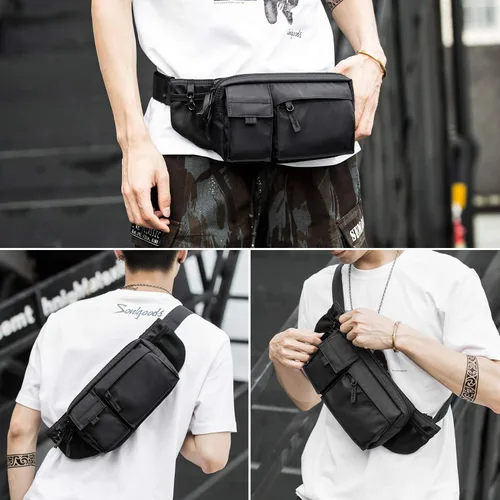 Vista 2 de Riñonera grande impermeable negra para hombres y mujeres, bolsa de cinturón, bolsa de cadera con correa ajustable, riñonera ligera de primera