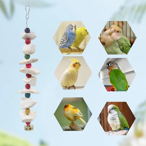 Vista 4 de Paquete de 2 juguetes para pájaros con hueso de cuttlebone, juguetes de periquito, piedra de moler de pico de pájaro, accesorios de jaula