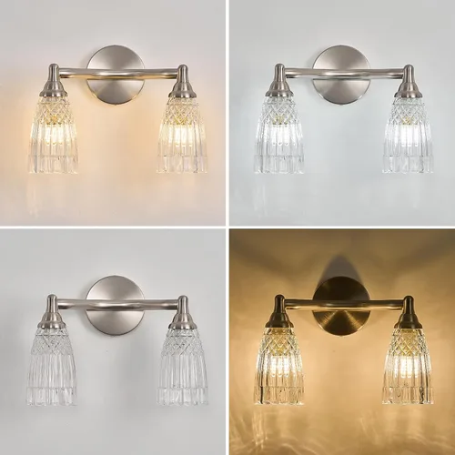 Vista 5 de HDDFL Lámpara de baño de níquel cepillado, iluminación de tocador de baño, 2 luces, moderno aplique de pared de vidrio para dormitorio, baño, sala