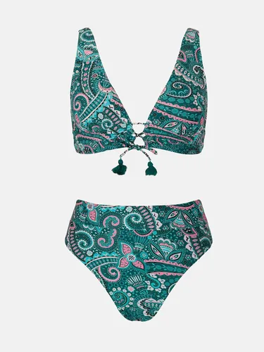 Vista 5 de CUPSHE Conjunto de bikini para mujer con cuello en V profundo con cordones en la parte delantera de cintura alta