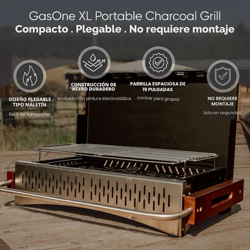 Vista 2 de GasOne XL Parrilla de Carbón Portátil – Parrilla de Barbacoa Plegable de 24.5 x 18.5 pulgadas tipo Maletín con Tapa – Ahumador de Carbón Ligero