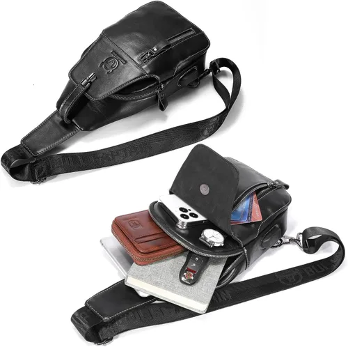 Vista 5 de BULLCAPTAIN Bolso bandolera de cuero genuino para hombre, mochila cruzada para senderismo, casual, bolsa de hombro con puerto de carga USB