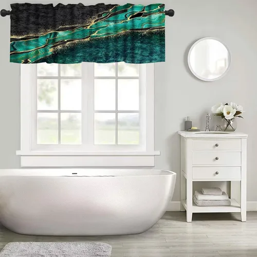 Vista 5 de Cortina de cenefa de mármol verde con venas doradas de mármol negro, diseño abstracto de lujo, elegante cenefa con bolsillo para barra, 1 panel
