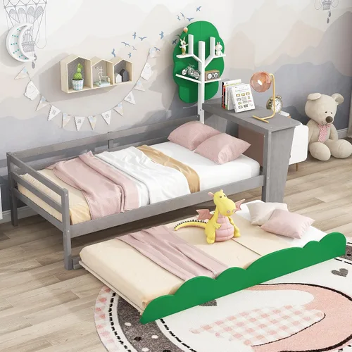 Vista 10 de Anwick Base de cama individual con escritorio y nido, sofá cama de madera con escritorio y estantes en forma de árbol verde, cama de plataforma