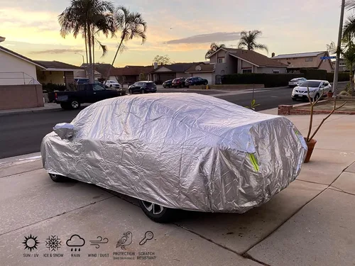 Vista 3 de Tecoom Funda resistente de múltiples capas para automóvil, para todo tipo de clima, impermeable, resistente al viento, reflectante, nieve, sol