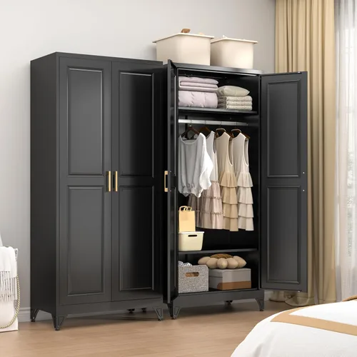 Vista 21 de Gabinete de Pared de Metal de 81 cm con 2 Puertas, Gabinetes Colgantes Negros con Manija, Gabinetes de Vestir de Metal, Armario Vestidor Clóset