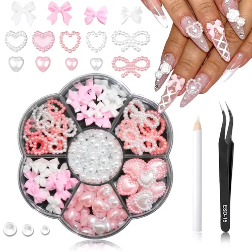 Vista 12 de RODAKY - Abalorio de uñas con lazo rosa y blanco en 3D de colores-3