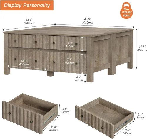 Vista 2 de WAMPAT Paquete de 2 mesas auxiliares modernas, mesa auxiliar rectangular con cajones de almacenamiento deslizantes, mesa central con patas de madera