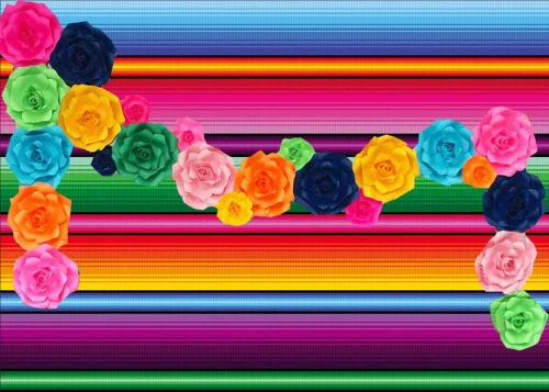 Vista 2 de Fondo de fotografía temática de fiesta de color de 7 x 5 pies, rayas mexicanas, mesa de postre para decoración de fondo para niños, baby shower